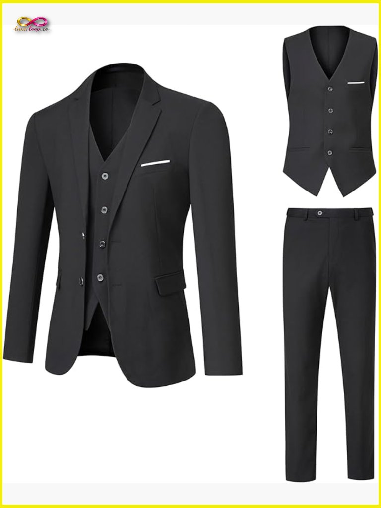 Slim Fit Three Piece Suit Set Classic Tuxedo Jacket Vest Pants Tie